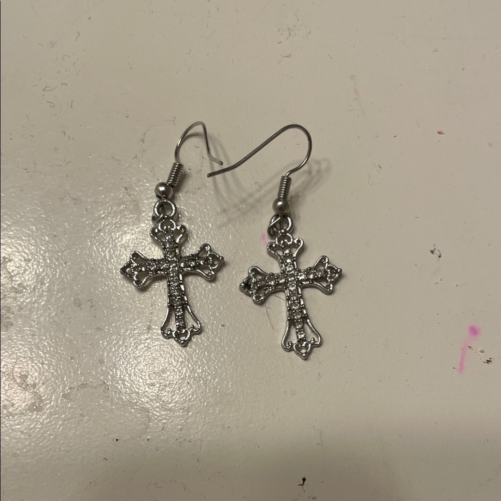 Silver Cross Dangle Earrings